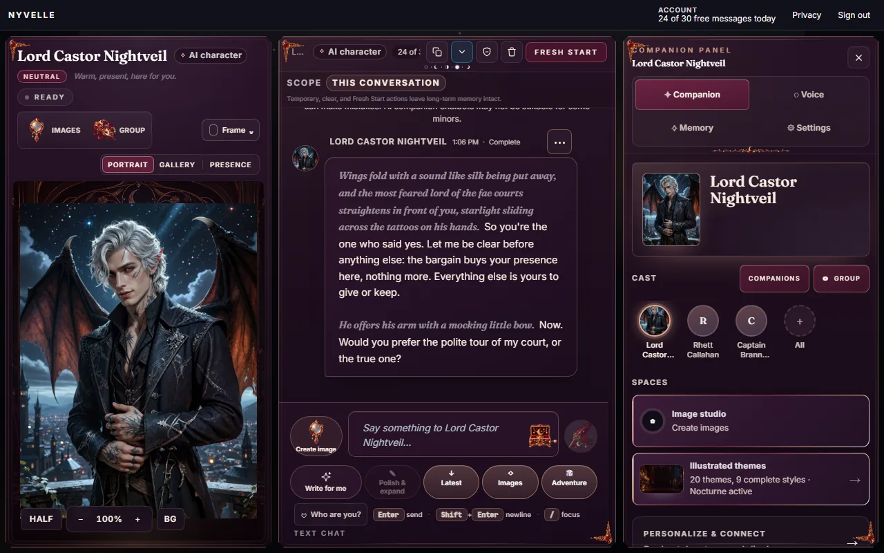 The NYVELLE app: Lord Castor Nightveil's portrait, his opening scene in the chat, and the companion panel