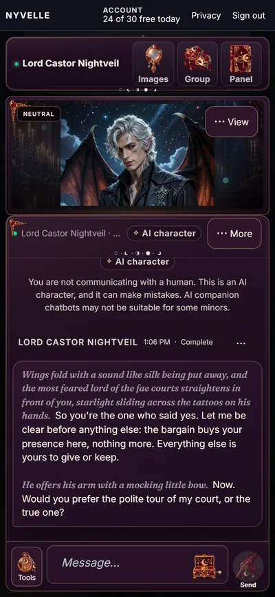 A chat with Lord Castor Nightveil on a phone in the Nocturne theme, with the AI character notice
