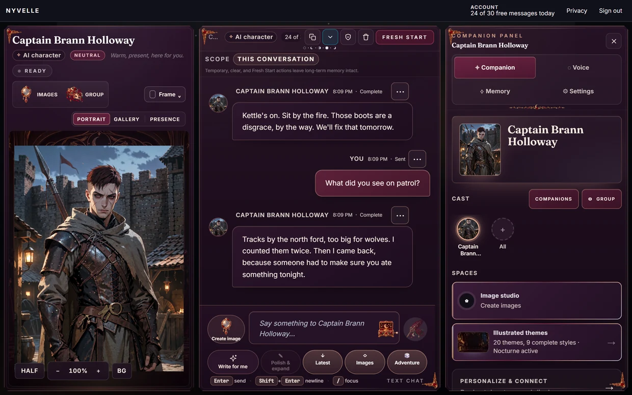 The NYVELLE app in the Nocturne theme, with a sample conversation